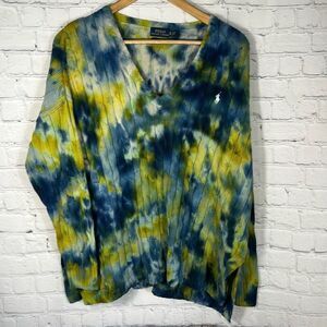 Polo Ralph Lauren Pima Cotton Mens Blue gold Tye Dye Vneck Sweater size XL